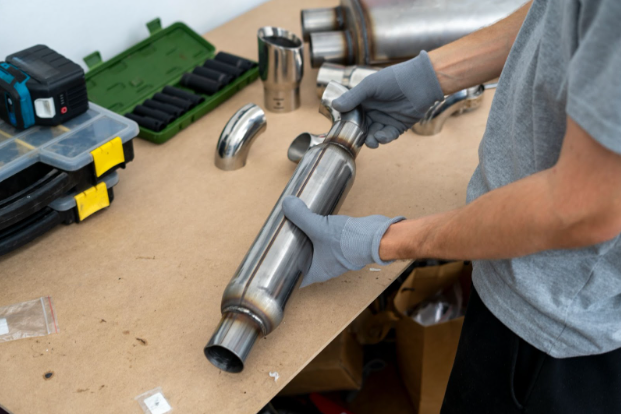 man checking a car catalytic converter